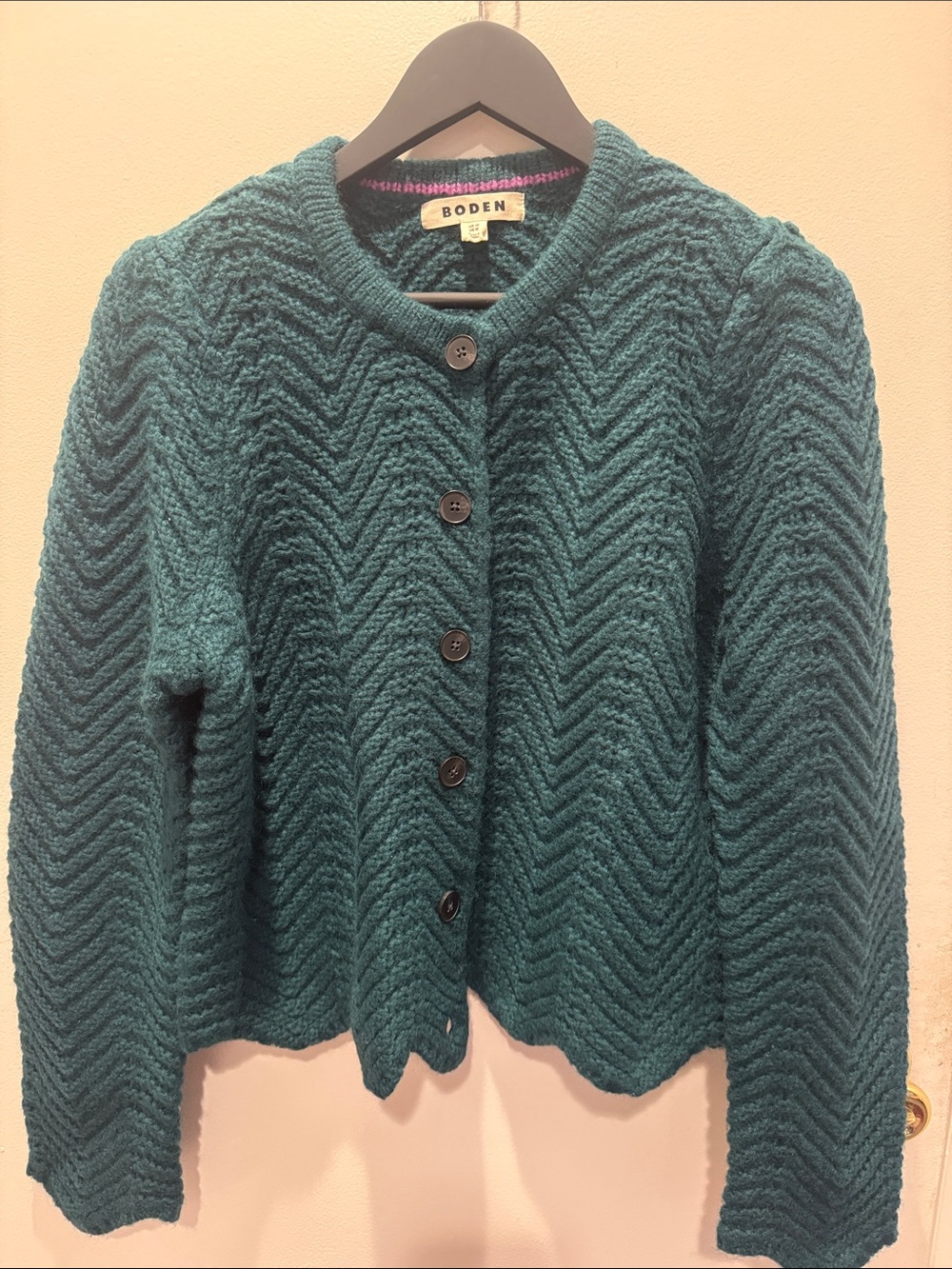 Boden Teal Chevron Knit Button-Front Cardigan